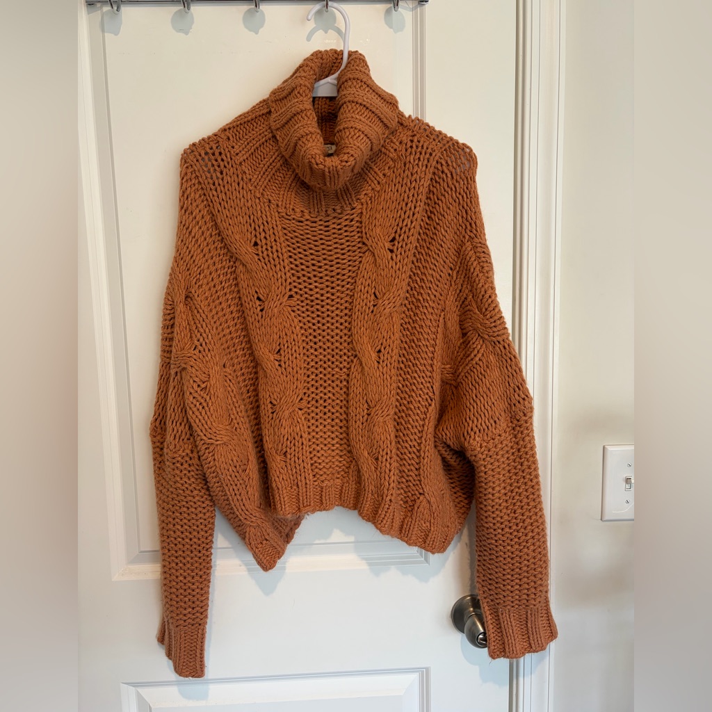 Cozy Cable Knit Turtleneck Sweater - Burnt Orange